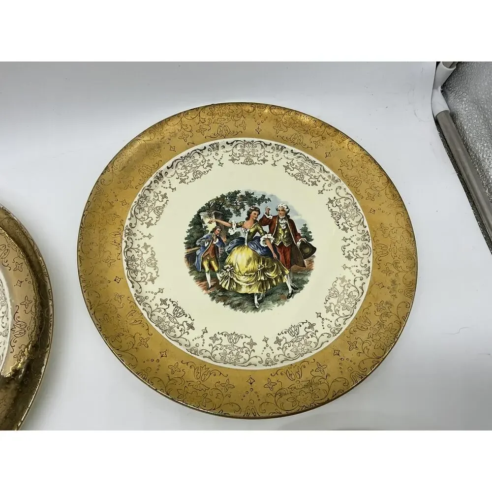 Vintage Sabin Crest-O-Gold Dinner Plates Set 4 Gold Courting Couple Rococo USA‎